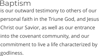 is our outward testimony to others of our personal faith in the Triune God, and Jesus Christ our Savior, as well as our entrance into the covenant community, and our commitment to live a life characterized by godliness. Baptism